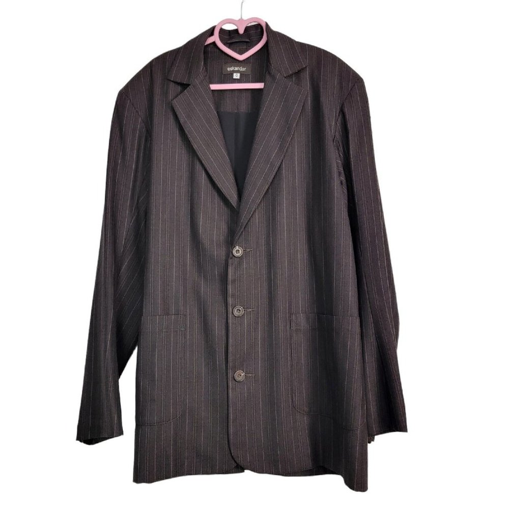 Eskandar Blazer Jacket Womens Size 0 Wool Silk Stripe Collared Pockets Brown
